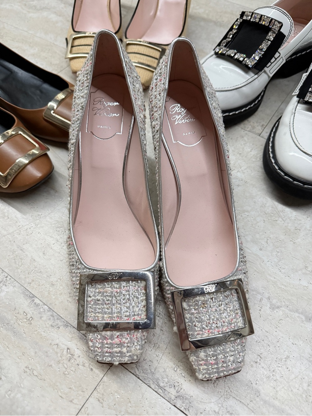 Roger Vivier Tweed Square-Toe Pumps in Cream with Pink Insole
